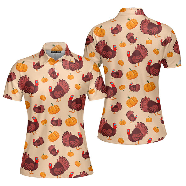 Turkey Bird And Pumpkin Holiday Thanksgiving Polo Shirt For Women