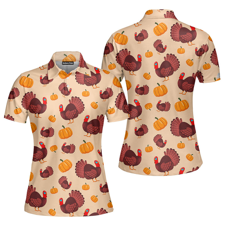 Turkey Bird And Pumpkin Holiday Thanksgiving Polo Shirt For Women