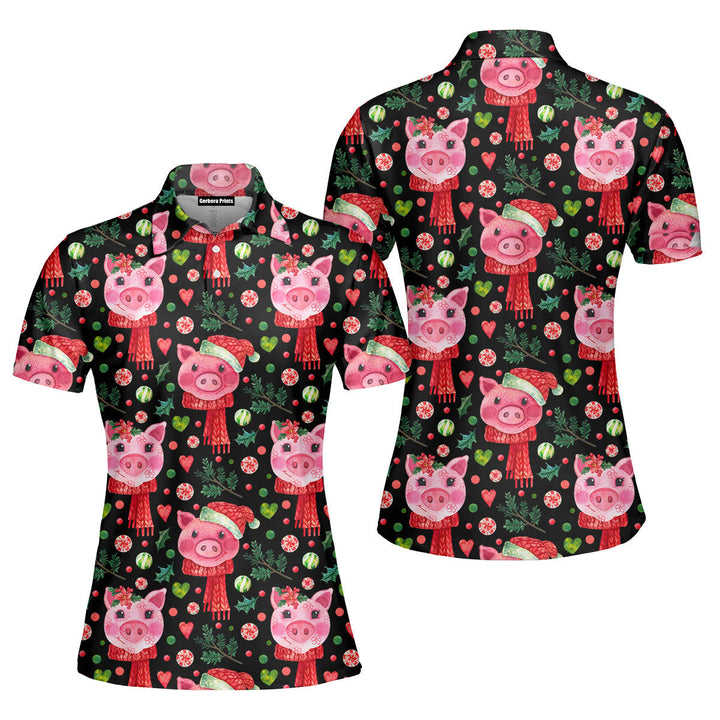 Merry Christmas Cute Pigs Polo Shirt For Women