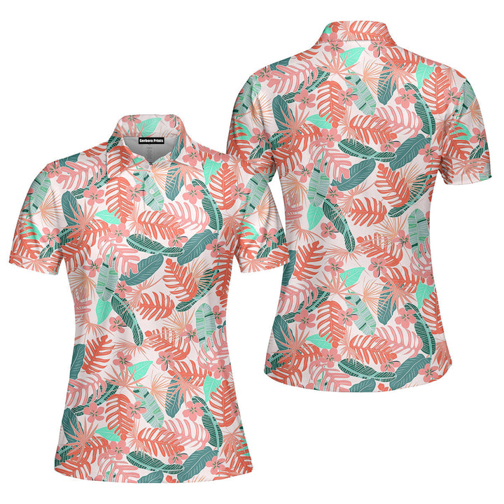 Pink Tropical Leaves Polo Shirt For Women