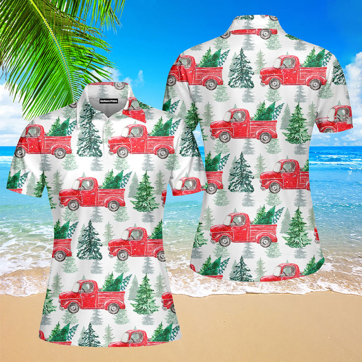 Red Vintage Truck On Christmas Polo Shirt For Women