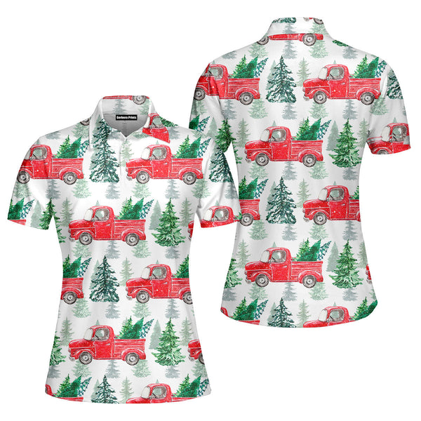 Red Vintage Truck On Christmas Polo Shirt For Women
