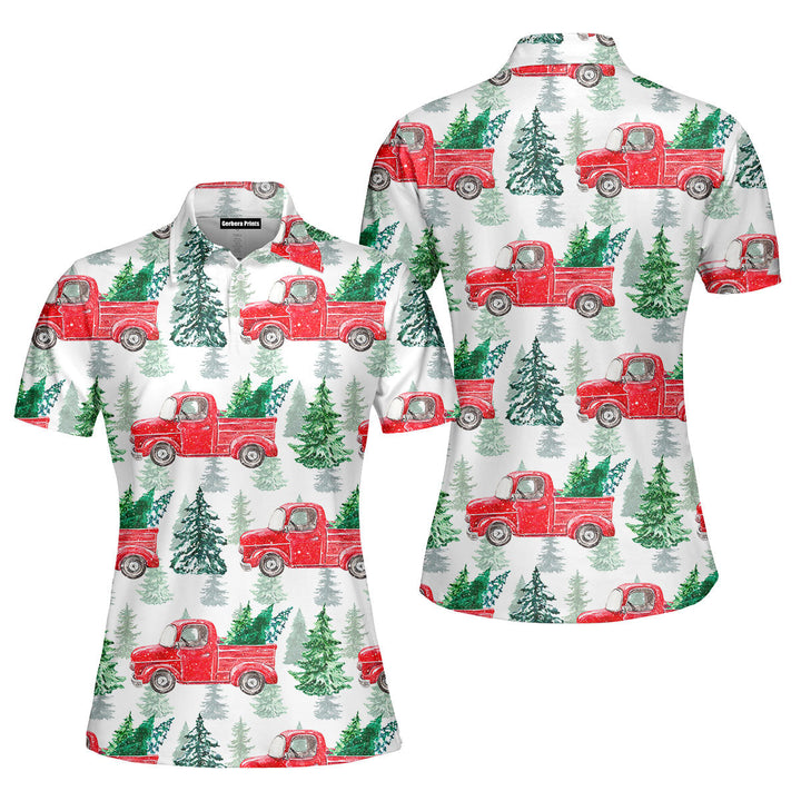 Red Vintage Truck On Christmas Polo Shirt For Women
