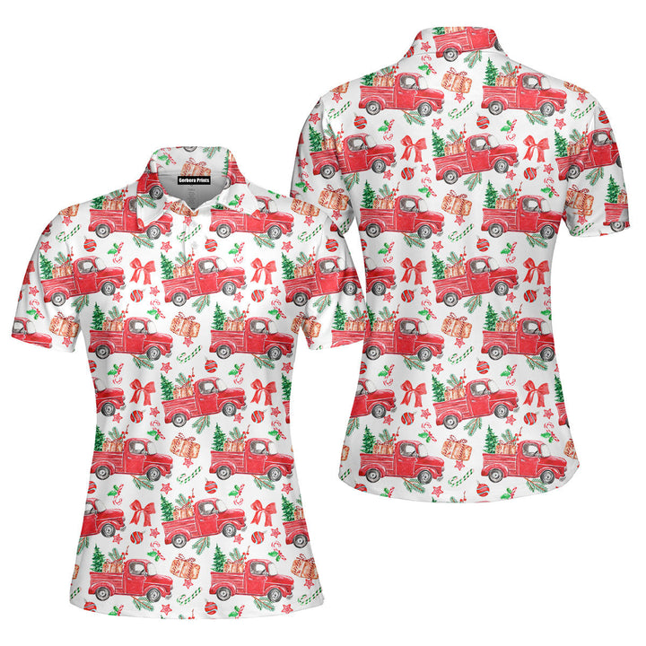 Watercolor Christmas Red Truck Polo Shirt For Women