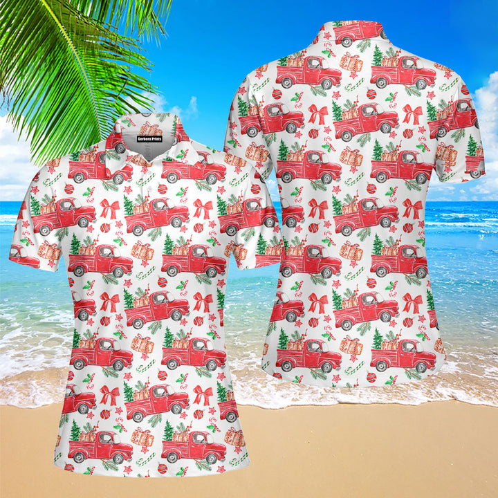 Watercolor Christmas Red Truck Polo Shirt For Women