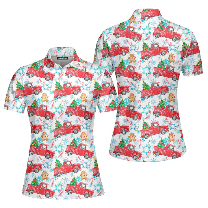 Merry Christmas On Red Truck Polo Shirt For Women