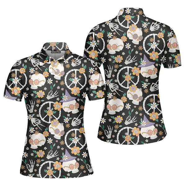 Hippy Bony Halloween Skull Peace Polo Shirt For Women