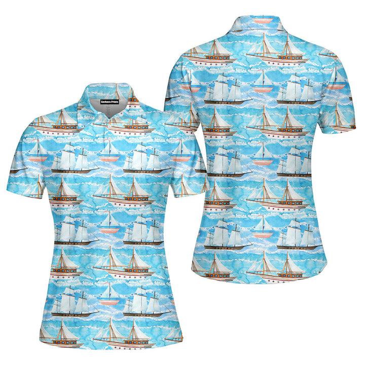 Watercolor Sailing Ships On Ocean Polo Shirt For Women