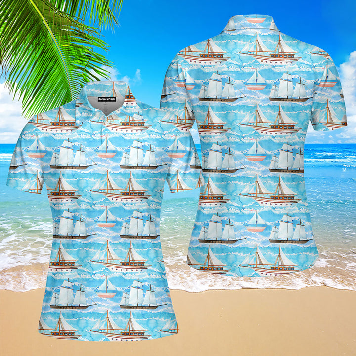 Watercolor Sailing Ships On Ocean Polo Shirt For Women