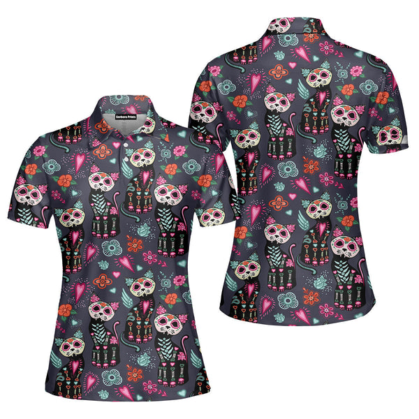Black Cat Day Of The Dead Polo Shirt For Women