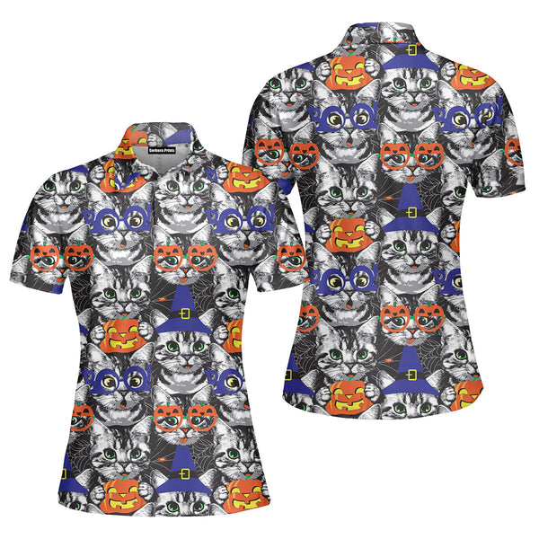 Kittens Face Witch Hat Pumpkin Halloween Polo Shirt For Women