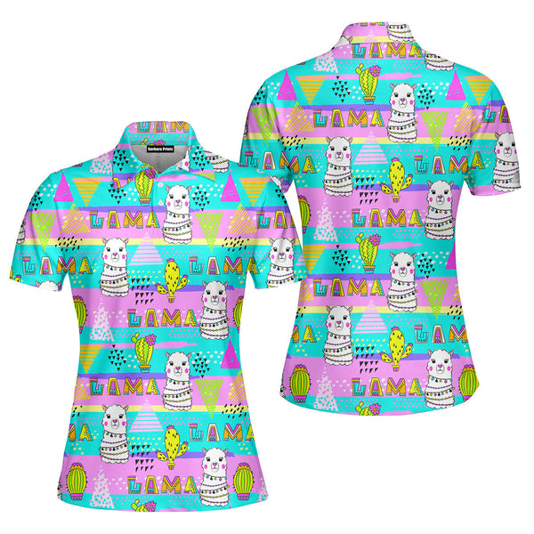 Llama On Bright Neon Pink And Blue Polo Shirt For Women