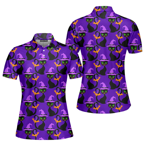 Purple Hallo Cat With Witch Hat Polo Shirt For Women