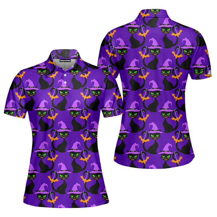 Purple Hallo Cat With Witch Hat Polo Shirt For Women