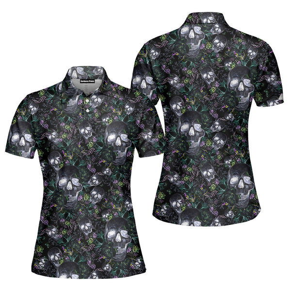 Skull Florals Halloween Style Polo Shirt For Women