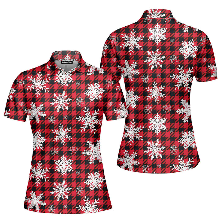 Retro Xmas Snowflakes On Buffalo Plaid Polo Shirt For Women