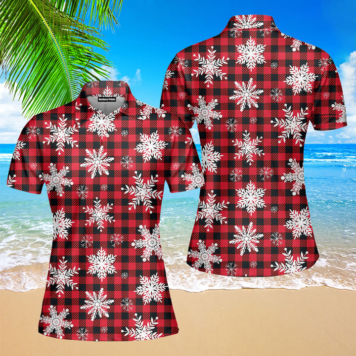 Retro Xmas Snowflakes On Buffalo Plaid Polo Shirt For Women