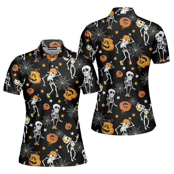 Halloween Skeletons Dancing With Pumkins Polo Shirt For Women