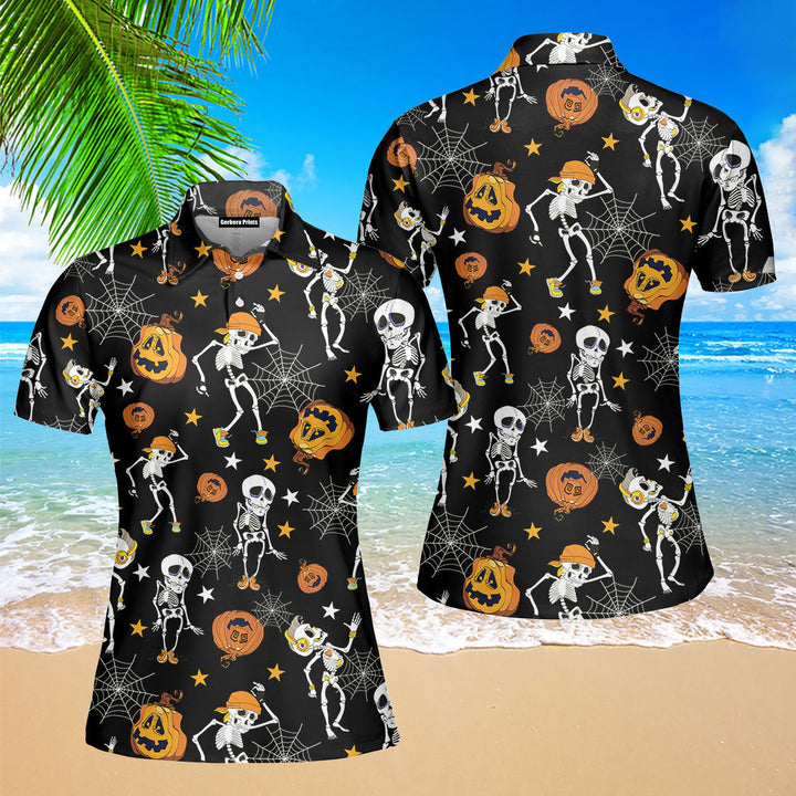 Halloween Skeletons Dancing With Pumkins Polo Shirt For Women