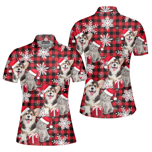 Welsh Corgi And Cat Retro Winter Buffalo Plaid Polo Shirt For Women
