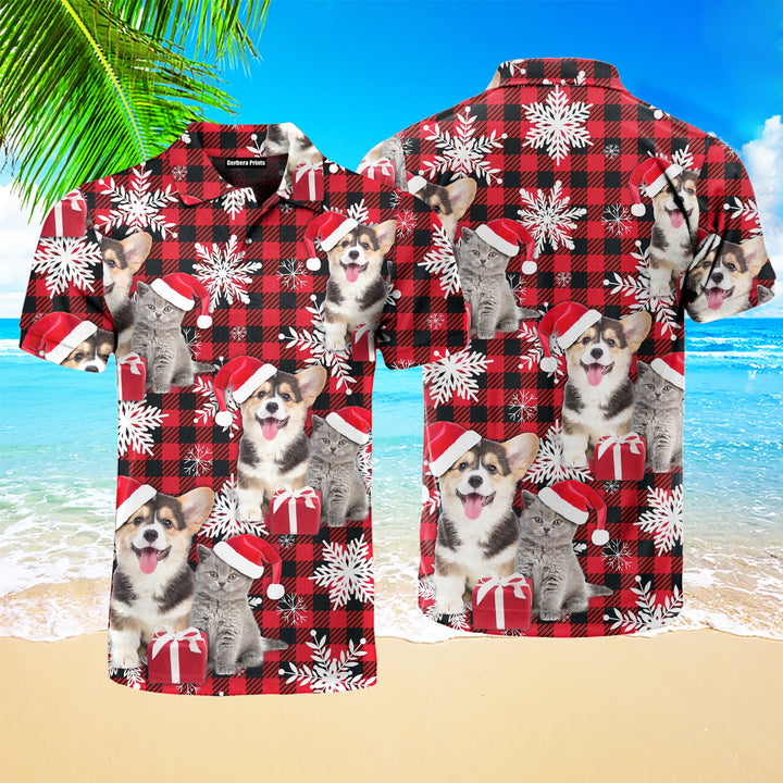 Welsh Corgi And Cat Retro Winter Buffalo Plaid Polo Shirt For Men