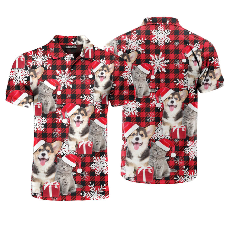 Welsh Corgi And Cat Retro Winter Buffalo Plaid Polo Shirt For Men