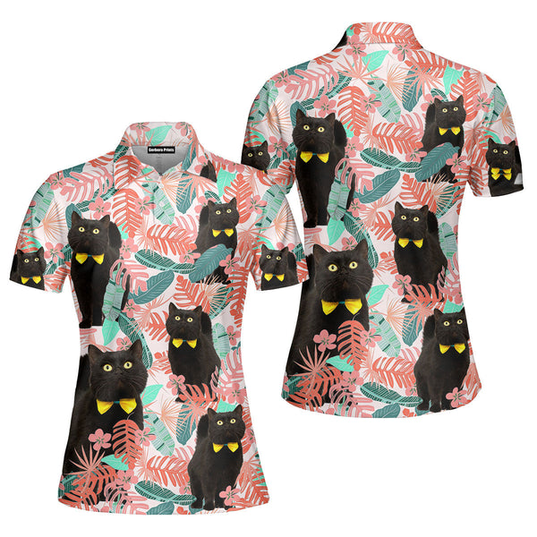 Black Cat Pink Tropical Leaves Polo Shirt For Women