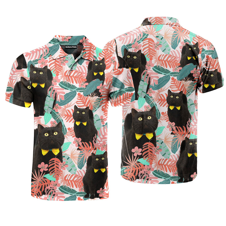 Black Cat Pink Tropical Leaves Polo Shirt For Men