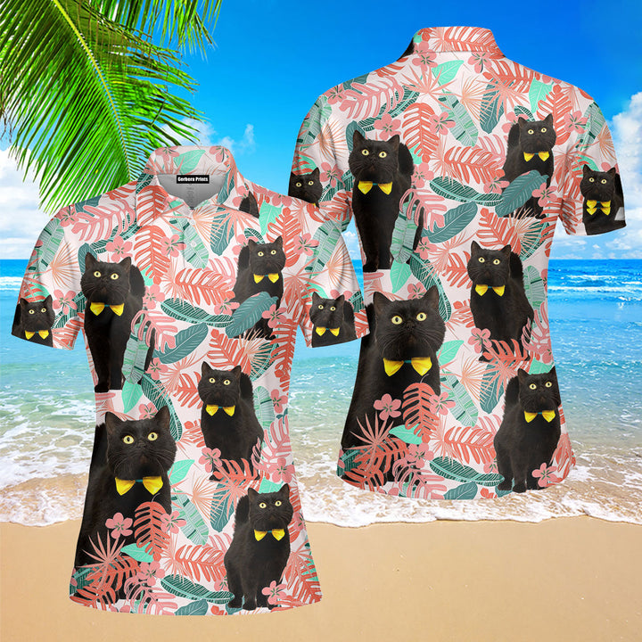 Black Cat Pink Tropical Leaves Polo Shirt For Women