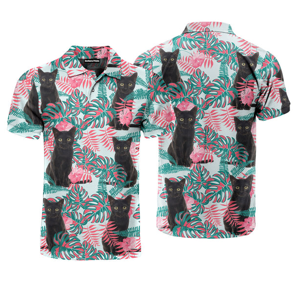 Black Cat Pink Hibiscus Floral Tropical Polo Shirt For Men