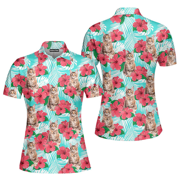 Maine Coon Cat Floral Polo Shirt For Women