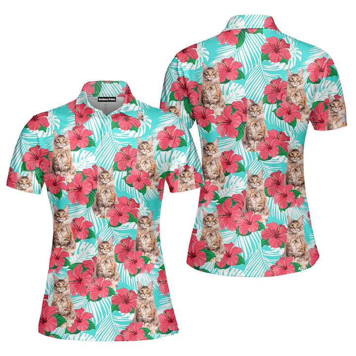 Maine Coon Cat Floral Polo Shirt For Women