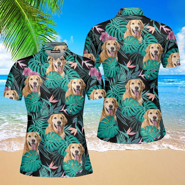 Golden Retriever Dog Palm Leaves Tropical Polo Shirt For Women