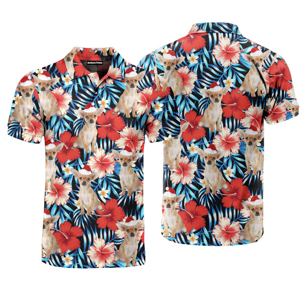 Chihuahua Xmas Dog With Red Floral Tropical Polo Shirt For Men