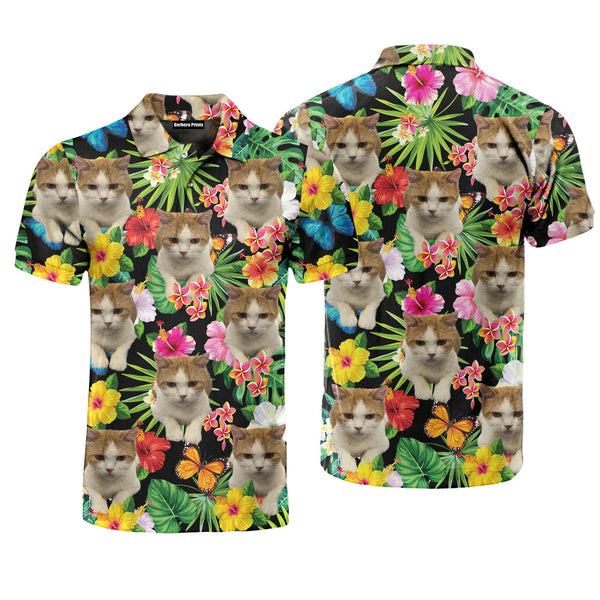 Lovely Cat Sitting On Flower Tropical Polo Shirt For Men