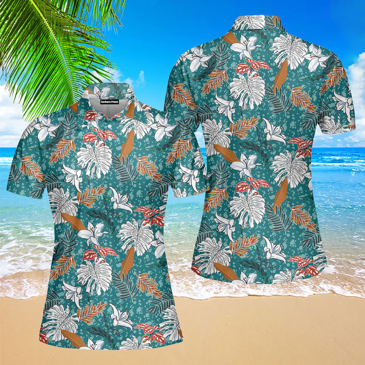 Tropical Leaves And Lily Flowers Summer Mood Polo Shirt For Women