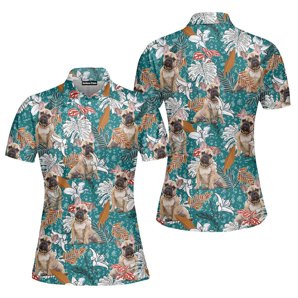 French Bulldog Tropical Leaves And Lily Flowers Summer Mood Polo Shirt For Women