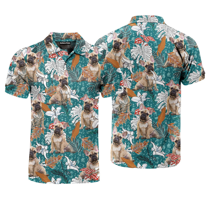 French Bulldog Tropical Leaves And Lily Flowers Summer Mood Polo Shirt For Men
