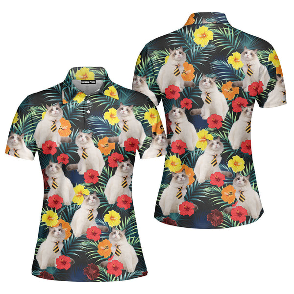 Funny White Cat Sitting Beside Tropical Floral Polo Shirt For Women