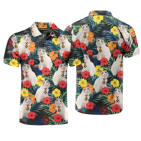 Funny White Cat Sitting Beside Tropical Floral Polo Shirt For Men
