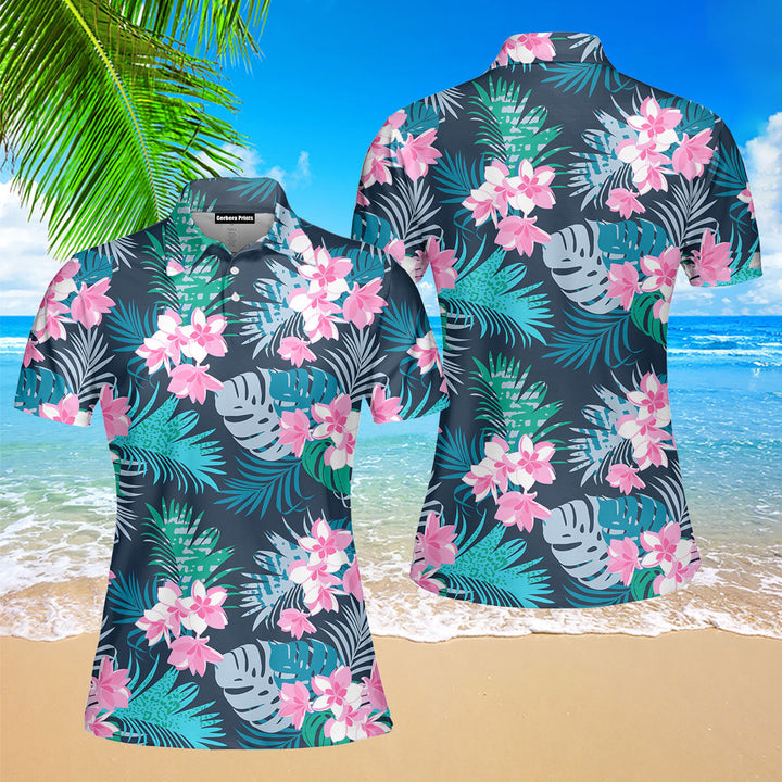 Beautiful Flower Tropical Polo Shirt For Women