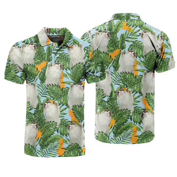 Funny Cat Raising Paw Pineapple Tropical Polo Shirt For Men