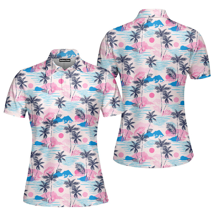 Pink Tropical Palm Tree Beach Polo Shirt For Women