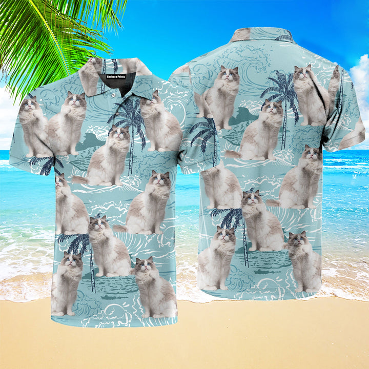Cute blue Bicolor Ragdoll On Big Wave Tropical Polo Shirt For Men