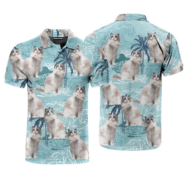 Cute blue Bicolor Ragdoll On Big Wave Tropical Polo Shirt For Men