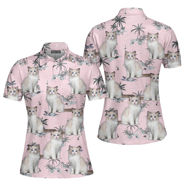Pretty Bicolor Ragdoll Kitten On Pink Island Polo Shirt For Women