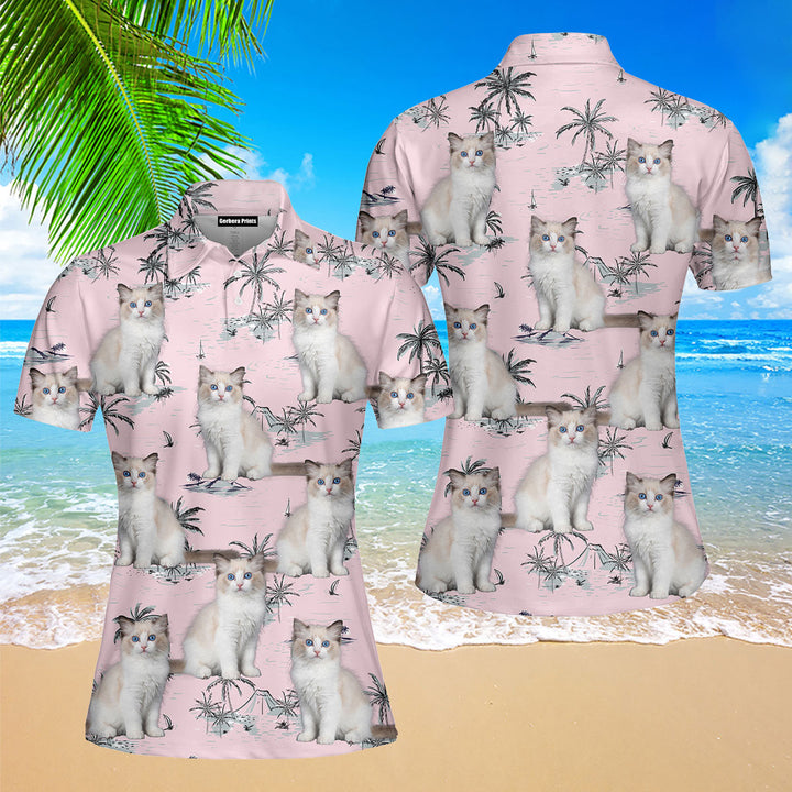Pretty Bicolor Ragdoll Kitten On Pink Island Polo Shirt For Women