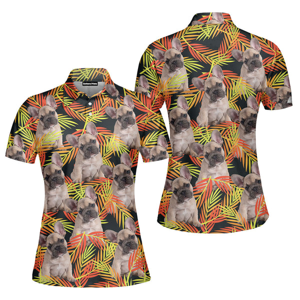 French Bulldog Sitting Up Fern Leaves Seamless Polo Shirt For Women
