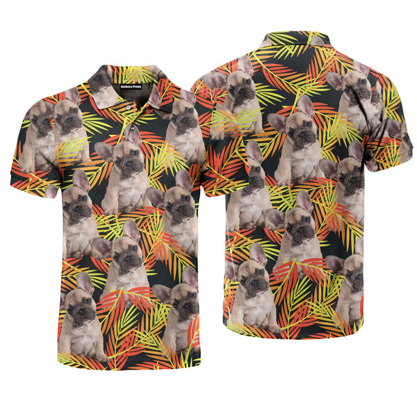 French Bulldog Sitting Up Fern Leaves Seamless Polo Shirt For Men