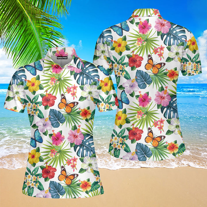 Butterfly Flower Tropical Polo Shirt For Women